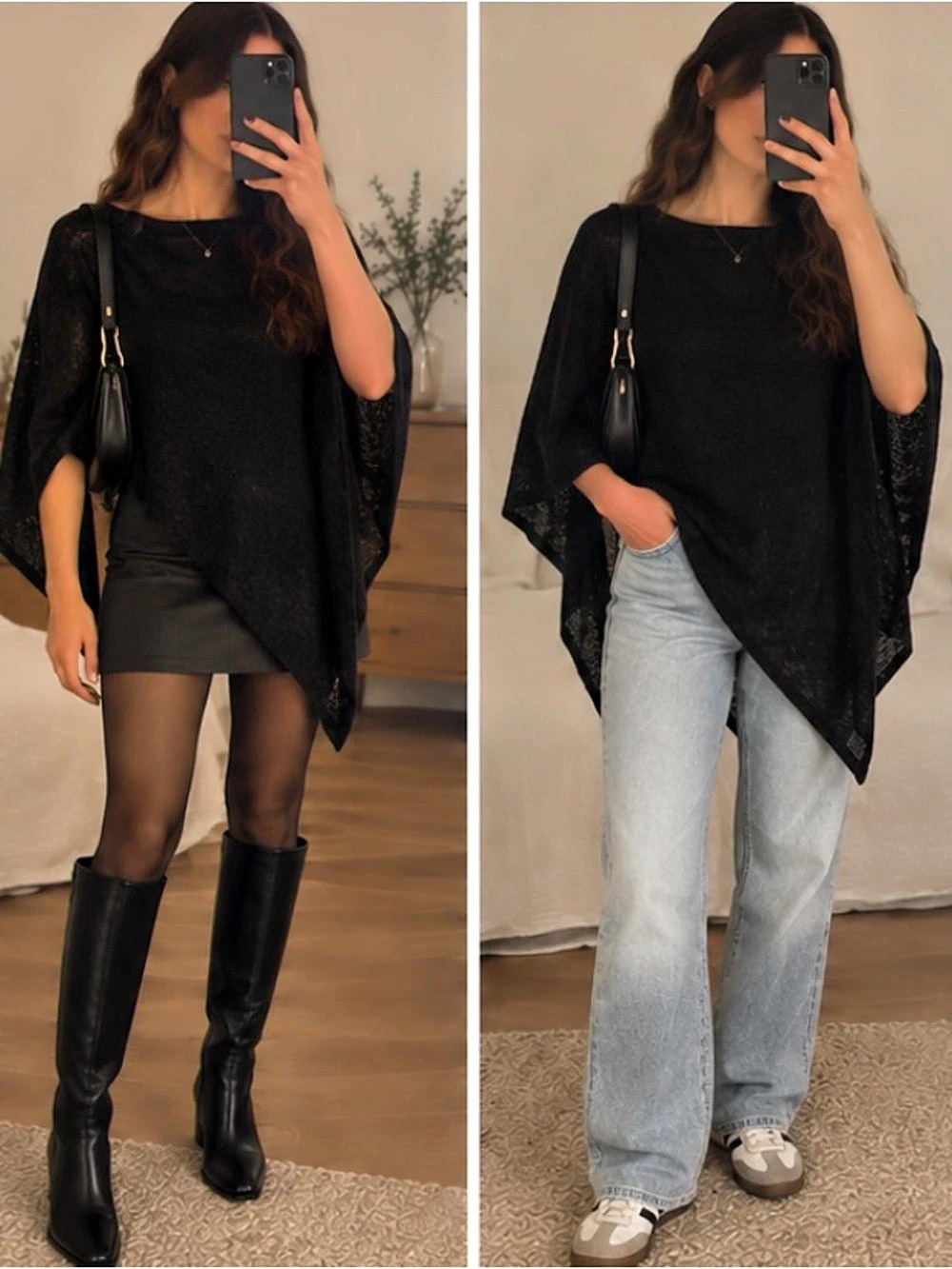 Black Knit Poncho Asymmetrical Sheer Layering Top